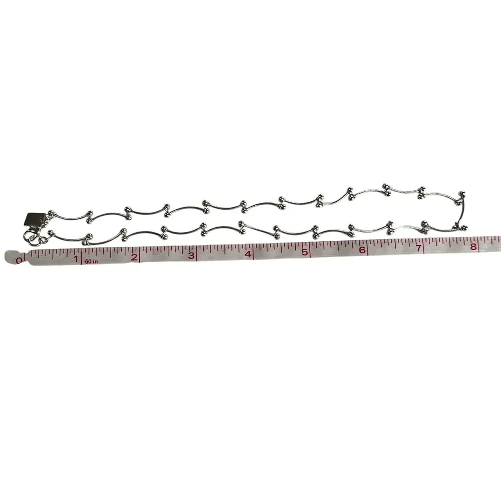 NINE WEST Silver Tone Station Necklace Ball Bead Curved Bark Link Chain Modern - Picture 8 of 9